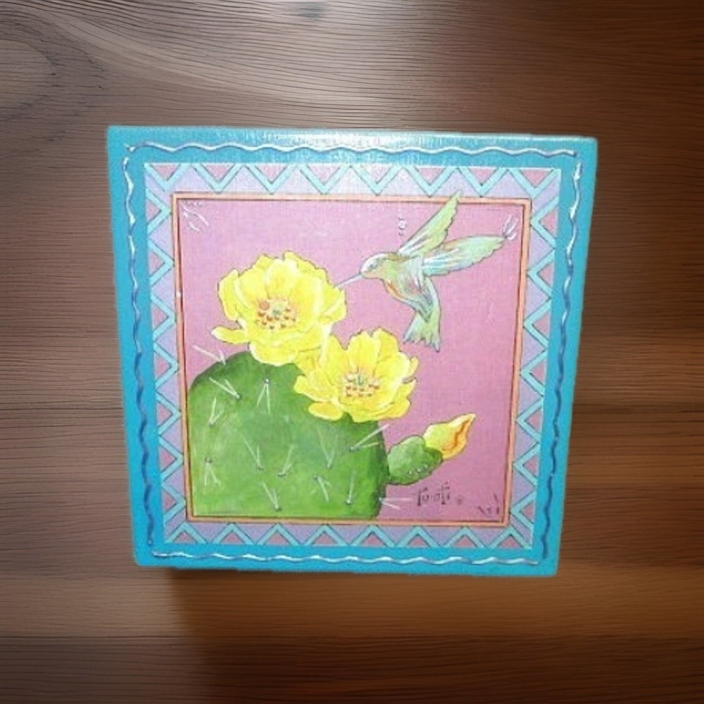 Vtg 1999 Hummingbird Ceramic Tile 6” Southwestern Cactus Pottery Hand Painted